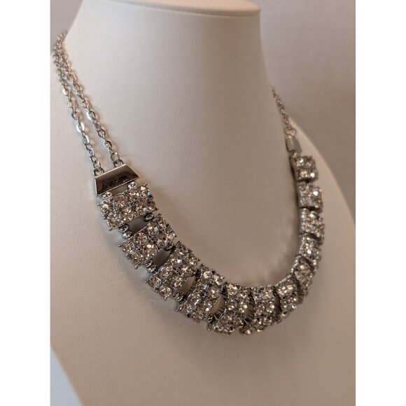 Vntg Rhinestone Collar Choker Necklace Silver-Tone Special Occasion Jewelry - Picture 2 of 7
